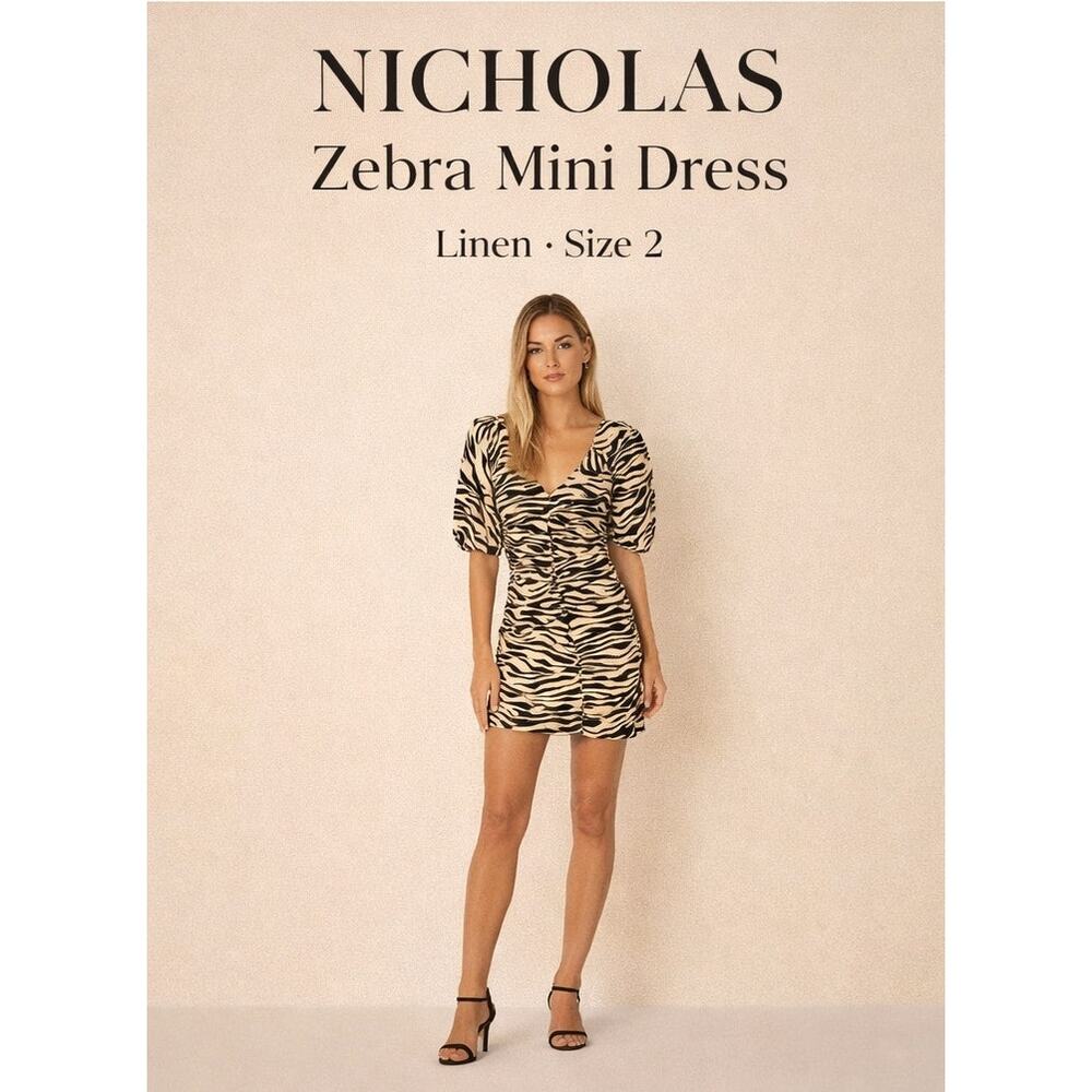 Nicholas Zebra Mini Dress Size 2 Linen Black Cream Ruched Designer